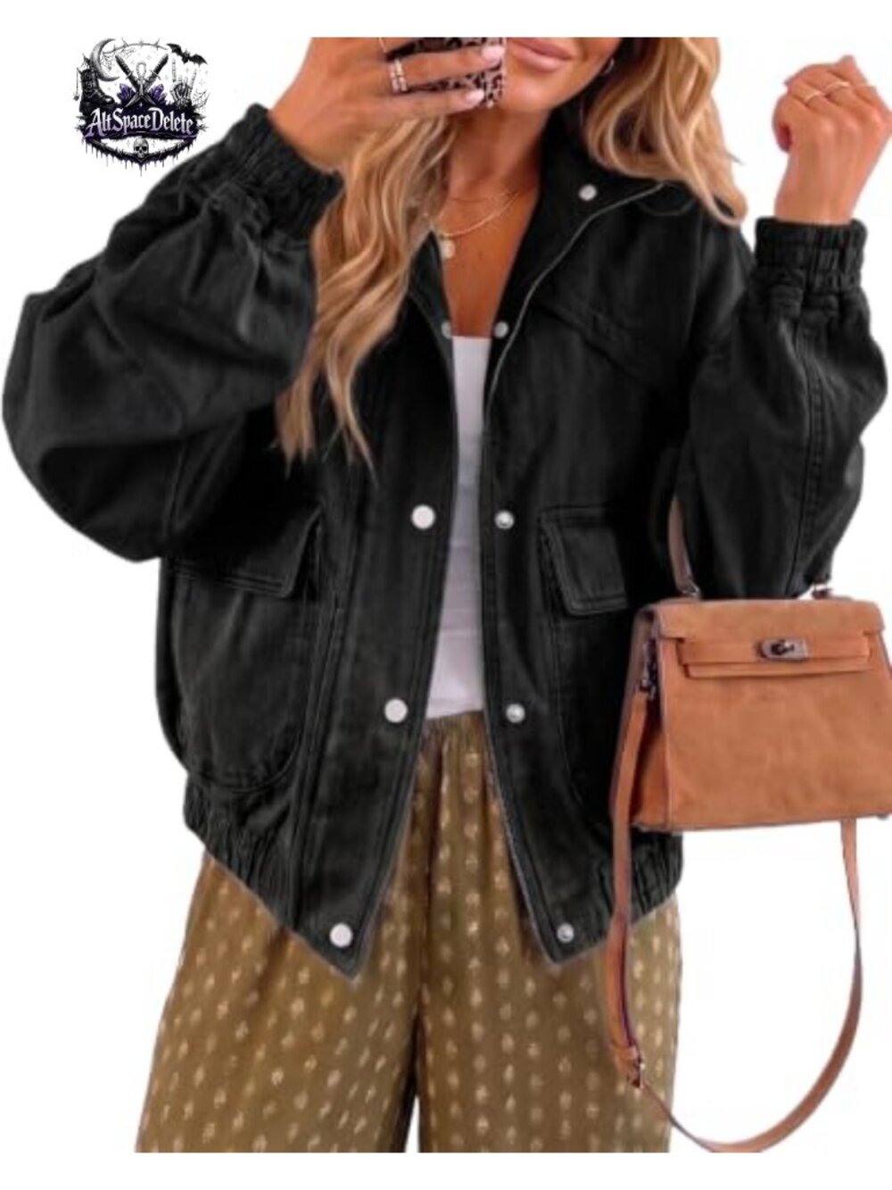 Oversized Bomber Denim Jacket Womens Zip Snap Pockets Cotton Blend